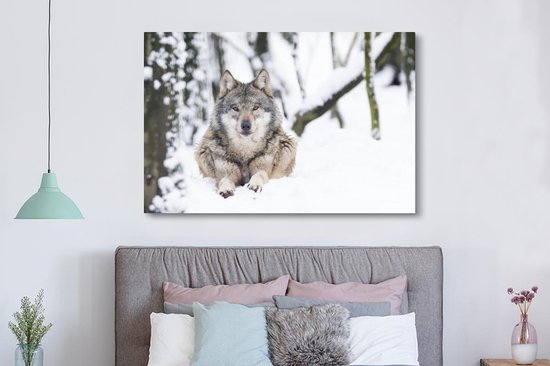 Toile Peinture Loup - Neige - Arbre - 180x120 cm - Décoration murale XXL