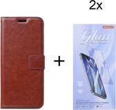 Bookcase Geschikt voor: Oppo A94 5G - Bruin - portemonnee hoesje met 2 stuk Glas Screen protector