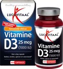 Lucovitaal Vitamine D3 25 mcg (1000 IE) capsules, verpakking van 365 stuks, met een flesje van 365 capsules.