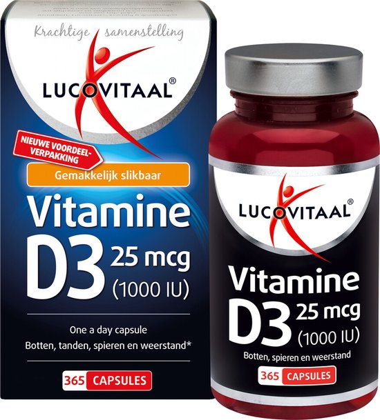 Lucovitaal Vitamine D3 25 mcg (1000 IE) capsules, verpakking van 365 stuks, met een flesje van 365 capsules.
