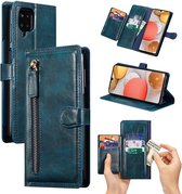 Premium vintage portemonnee hoesje met ritssluiting flip-cover hoes met kaarthoudersleuven Geschikt voor: Samsung Galaxy A12 - blauw