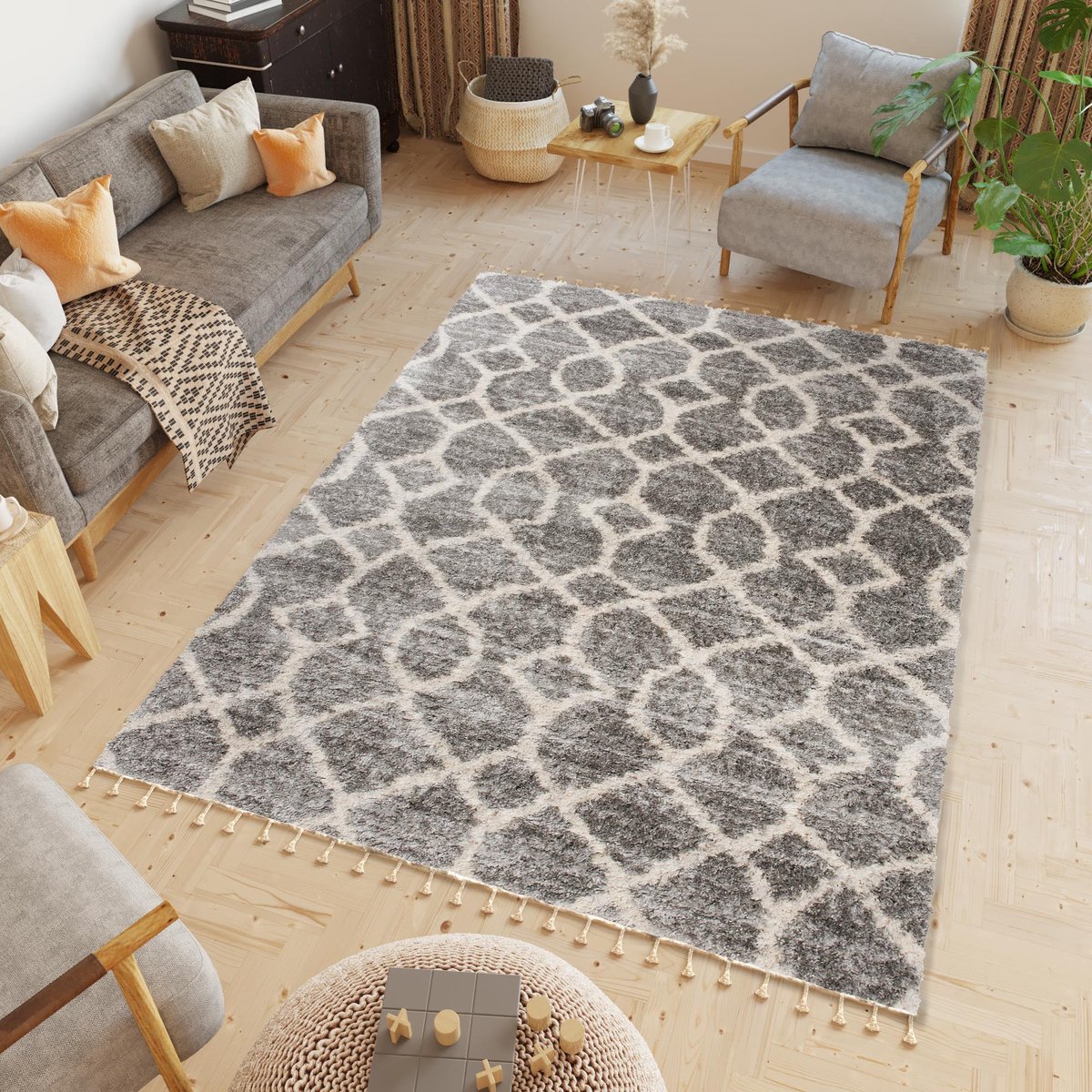 Tapiso Versay Fringes Vloerkleed Hoogpolig Woonkamer Tapijten Maat- 160x220 Donkergrijs Creme2