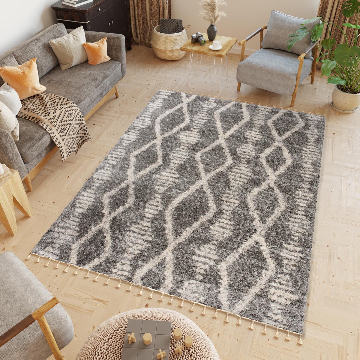 Tapiso Versay Fringes Vloerkleed Hoogpolig Woonkamer Tapijt Maat- 120x170 Donkergrijs Creme1