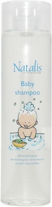 Natalis Baby shampoo: doorzichtige fles met blauw label en cartoonafbeelding van een baby in bad. pH-huidneutraal.