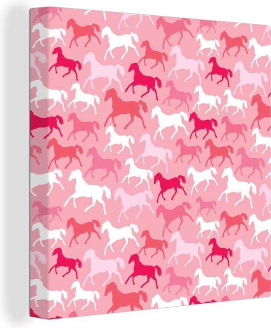 Canvas Schilderij Paarden - Roze - Patroon - Meisjes - Kinderen - Meiden - 20x20 cm - Wanddecoratie