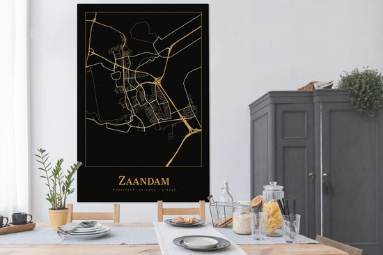 Toile Peinture Carte - Zaandam - Or - Zwart - 120x180 cm - Décoration murale XXL