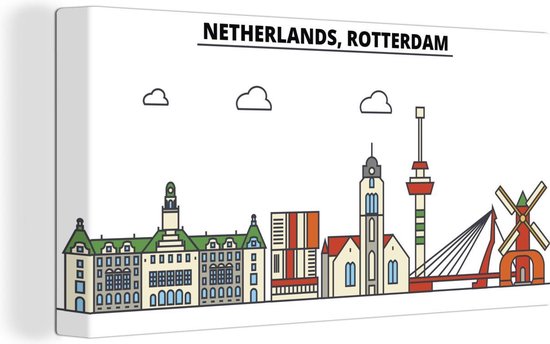 Canvas Schilderij Rotterdam - Skyline - Urban - 40x20 cm - Wanddecoratie
