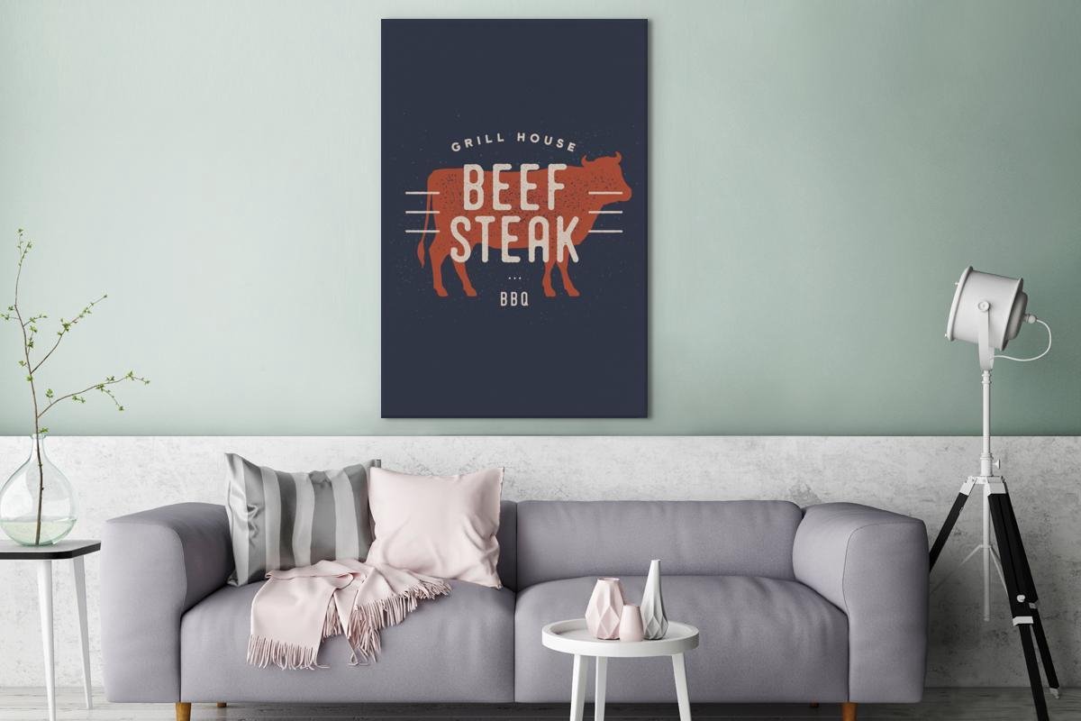 Canvas Schilderij BBQ - Mancave - Biefstuk - 80x120 cm - Wanddecoratie