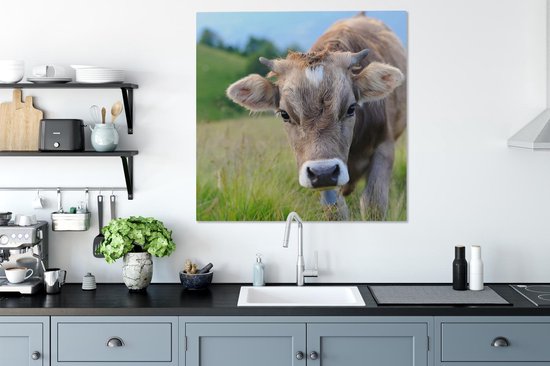 Tableau Peinture Vache - Animaux - Marron - Herbe - 90x90 cm - Décoration murale