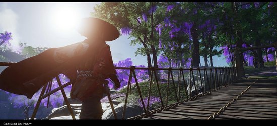 Samurai op een houten brug in een bos met paarse bloemen en bomen.