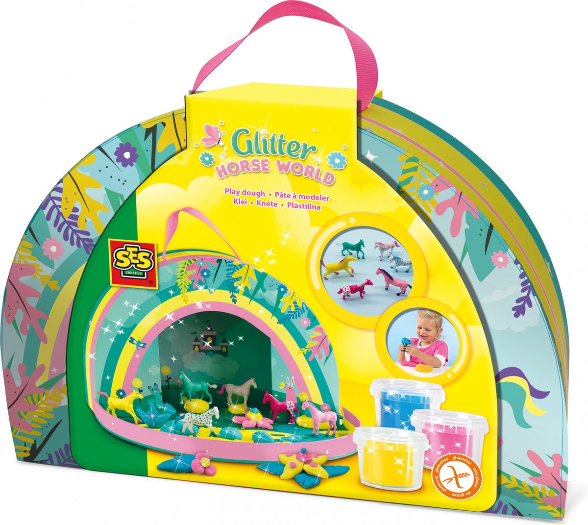 SES - Klei glitter paarden wereld - Speelkoffer - inclusief paarden - makkelijk uitwasbaar