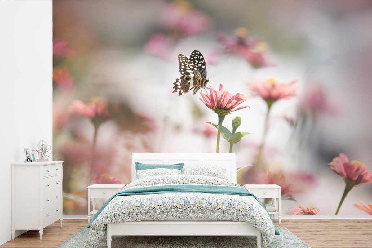 Behang - Fotobehang Vlinder - Bloemen - Dieren - Breedte 330 cm x hoogte 220 cm - Nr1Wallpaper