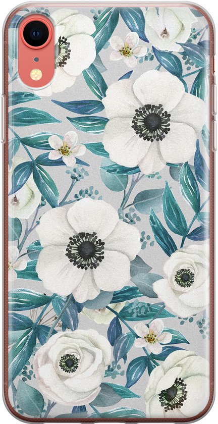 Coque iPhone XR avec motif d'anémones blanches et roses sur fond gris clair, avec feuilles bleues.