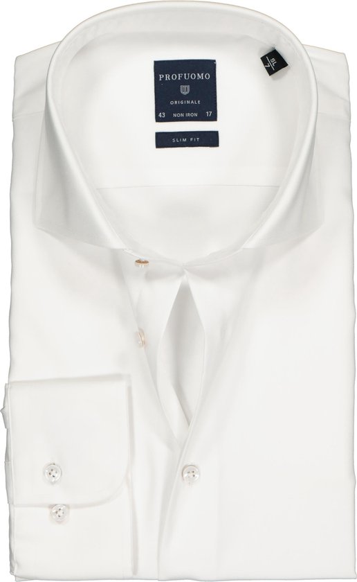 Profuomo Originale slim fit overhemd - mouwlengte 72 - twill - wit - Strijkvrij - Boordmaat: