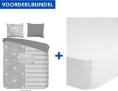 Luxe Dekbedovertrek Eenpersoons - 140x200/220cm - Inclusief 1 Kussensloop - 100% Zacht Polyester - Sterre Grijs + Zachte Katoenen Hoeslaken - 90x200cm - Wit