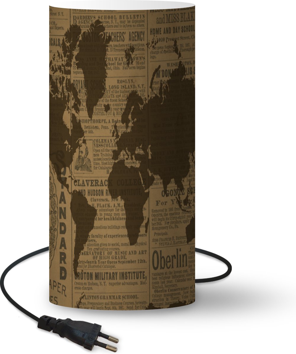 Lamp - Nachtlampje - Tafellamp slaapkamer - Wereldkaart - Bruin - Krant - 33 cm hoog - Ø15.9 cm - Inclusief LED lamp