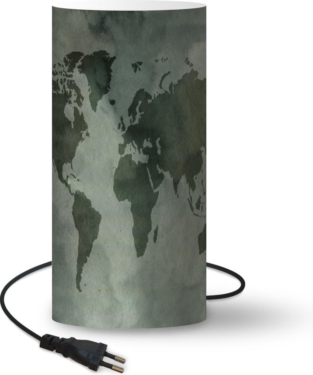 Lamp - Nachtlampje - Tafellamp slaapkamer - Wereldkaart - Waterverf - Grijs - 33 cm hoog - Ø15.9 cm - Inclusief LED lamp