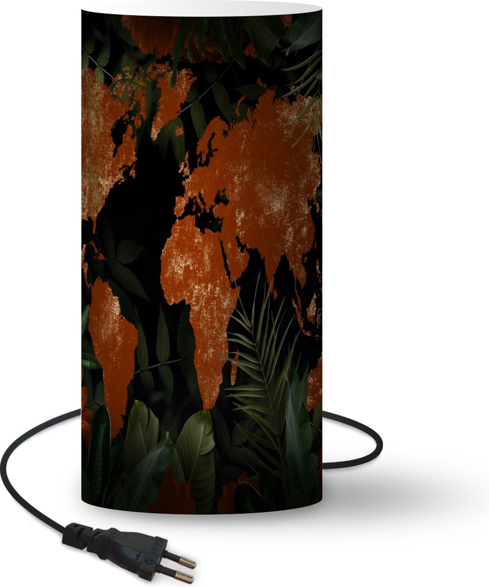 Lamp - Nachtlampje - Tafellamp slaapkamer - Wereldkaart - Goud - Planten - 33 cm hoog - Ø15.9 cm - Inclusief LED lamp