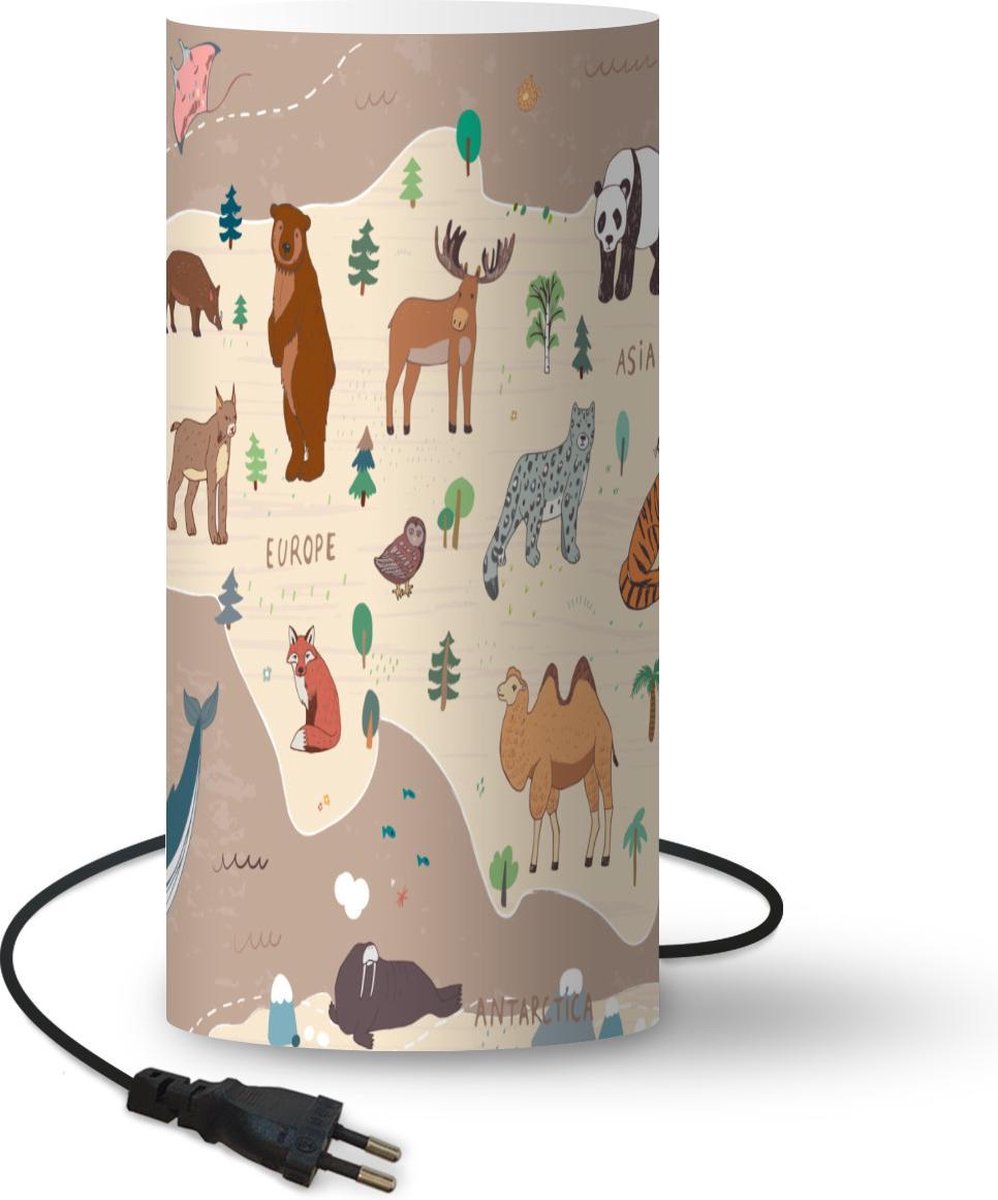 Lamp Wereldkaart met dieren - Kaart van Europa met dieren in bruin lamp - 33 cm hoog - Ø16 cm - Inclusief LED lamp