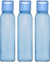 6x stuks glazen waterfles/drinkfles transparant blauw met schroefdop met handvat 500 ml - Sportfles - Bidon