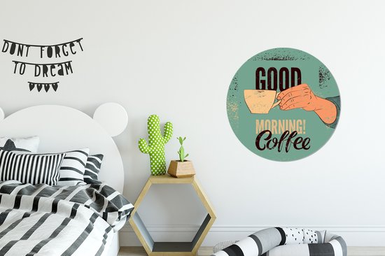 Bonjour café vintage turquoise cercle mural aluminium - ⌀ 60 cm - peinture ronde - impression photo sur aluminium / dibond / cercle mural / cercle vivant / cercle de jardin (décoration murale)