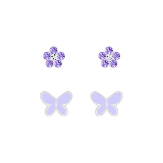 zilveren vlinder bloemen oorstekers setje | Oorbellen meisje | Kinderoorbellen meisje zilver | kindersieraden meisje sets zilver | Zilverana