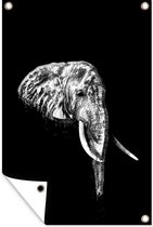 Muurdecoratie Illustratie olifant tegen zwarte achtergrond - zwart wit - 120x180 cm - Tuinposter - Tuindoek - Buitenposter