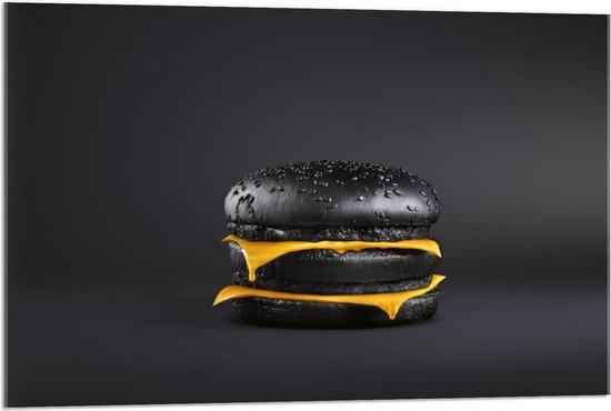 Acrylglas - Zwarte Burger met Cheddar - 90x60cm Foto op Acrylglas (Met Ophangsysteem)