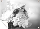 Tuinposter - Tuindoek - Tuinposters buiten - Double exposure kat met bloemen - zwart wit - 120x90 cm - Tuin