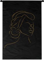Wandkleed - Wanddoek - Vrouw - Zwart - Goud - Line art - 60x90 cm - Wandtapijt