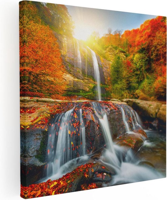 Artaza Canvas Schilderij Waterval In De Herfst Kleuren - 50x50 - Foto Op Canvas - Canvas Print