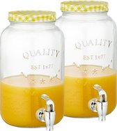 Set de 2 x distributeurs de boissons en verre / robinet de limonade avec bouchon à carreaux jaune / blanc 3,5 litres - Tap
