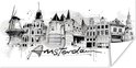 Paysage urbain monochrome d'Amsterdam avec moulin à vent et maisons de canal, avec le mot 'Amsterdam' en calligraphie élégante.