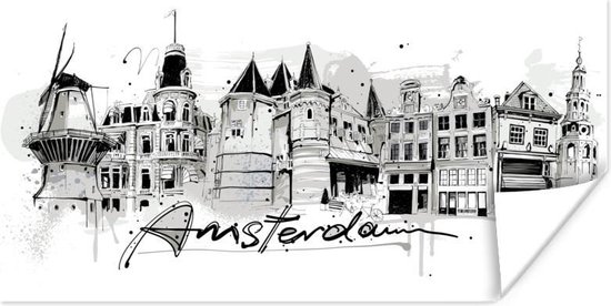 Paysage urbain monochrome d'Amsterdam avec moulin à vent et maisons de canal, avec le mot 'Amsterdam' en calligraphie élégante.