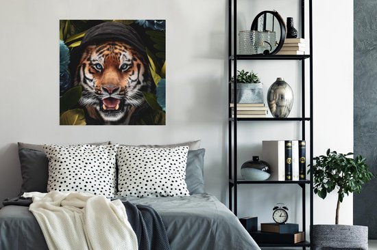 Poster Tijger - Bloemen - Blauw - 75x75 cm