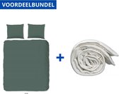 Luxe Dekbedovertrek Tweepersoons - 200x200/220cm - Inclusief 2 Kussenslopen - Strijkvrij - 100% Versterkt Katoen - Olijfgroen + Wasbaar Microfiber Dekbed - 200x220cm - Wit