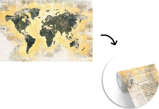 Carte du monde gris foncé sur fond avec peinture orange et journal 420x280 cm