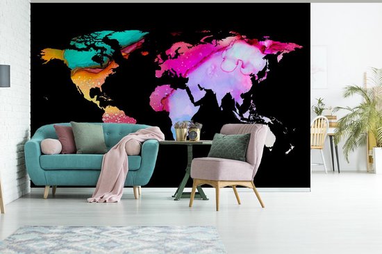 Wereldkaart à l'aquarelle aux couleurs vives sur fond noir 420x280 cm