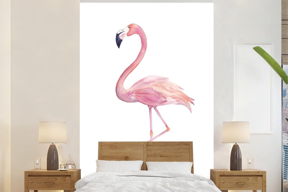 Behang - Fotobehang Waterverf - Flamingo - Roze - Breedte 160 cm x hoogte 240 cm