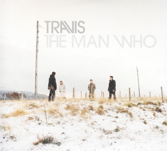 Travis - The Man Who albumcover met vier mannen op een besneeuwde heuvel.