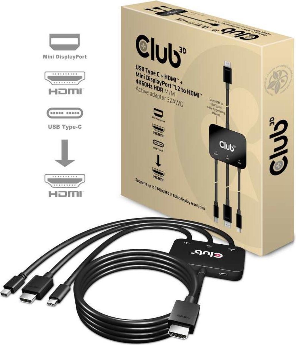Club 3D Multiport to HDMI 4K 60 Hz, USB Type C + HDMI + MiniDisplayPort naar HDMI