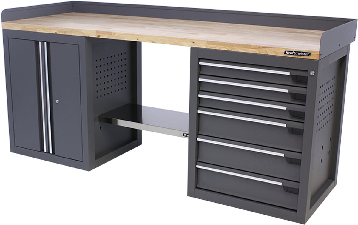 Kraftmeister werkbank 200 cm - Werktafel met 6 laden, 1 opbergkast en eiken werkblad - Grijs