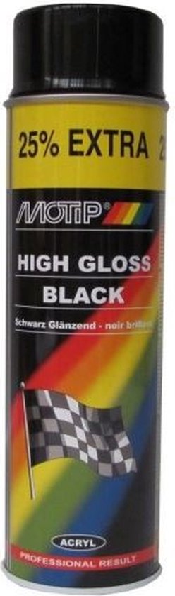 Aérosol de laque noire brillante Motip. Avec 25% de contenu en plus et un drapeau de course.