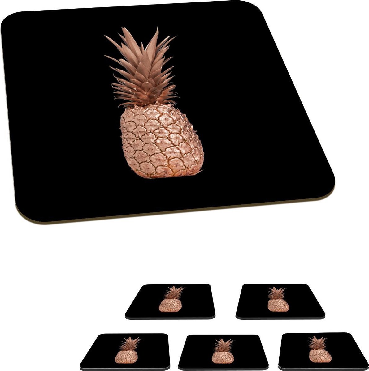 Onderzetters voor glazen - Ananas - Goud - Roze - 10x10 cm - Glasonderzetters - 6 stuks