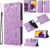 Voor Samsung Galaxy A72 5G/4G Huid Voelen Reliëf Zonnebloem Horizontale Flip Lederen Case met Houder & Kaartsleuven & Portemonnee & Lanyard (Paars)