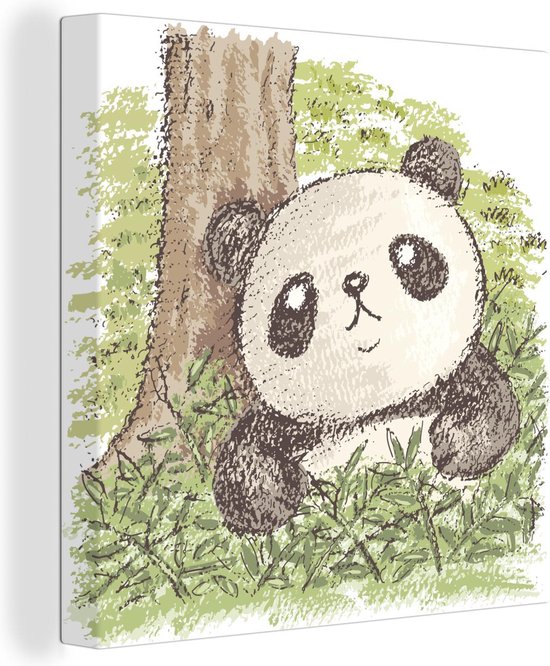 Canvas Schilderij Panda - Boom - Gras - 20x20 cm - Wanddecoratie