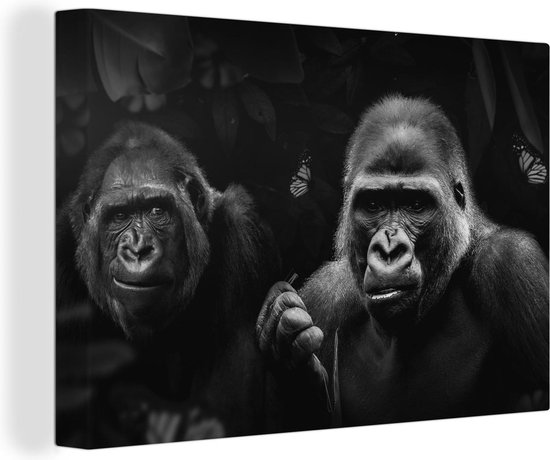 Tableau sur toile Deux gorilles et papillons dans la jungle - noir et blanc - 90x60 cm - Décoration murale