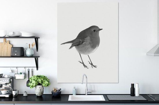Toile Peinture Robin - Zwart - Wit - 90x120 cm - Décoration murale