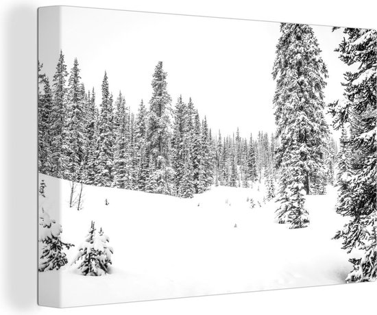 Canvas Schilderij De bomen die op een besneeuwd bosgebied groeien - zwart wit - Wanddecoratie