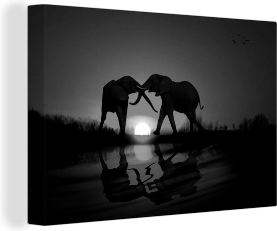 Canvas Schilderij Olifanten koppel bij zonsondergang - zwart wit - Wanddecoratie